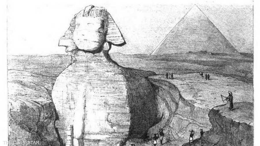 رسم توضيحي لتمثال أبو الهول أثناء اكتشافه والتنقيبات الأثرية