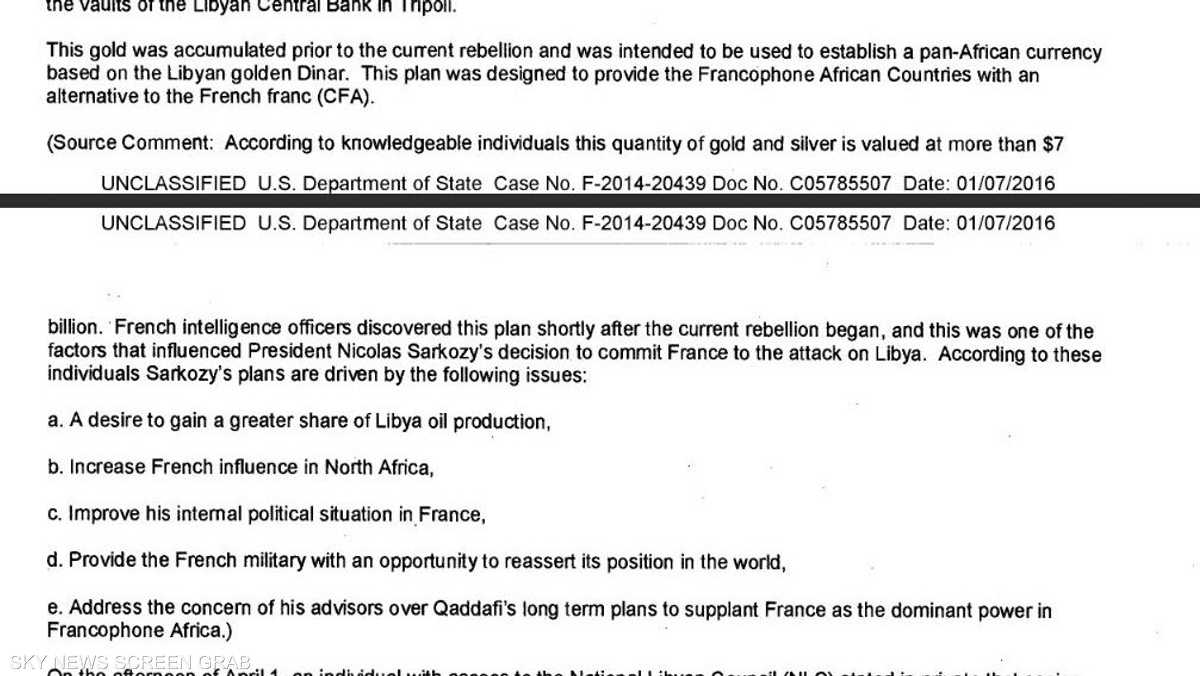 الوثيقة تتحدث عن دور فرنسي "مشبوه" من وراء الإطاحة بالقذافي.